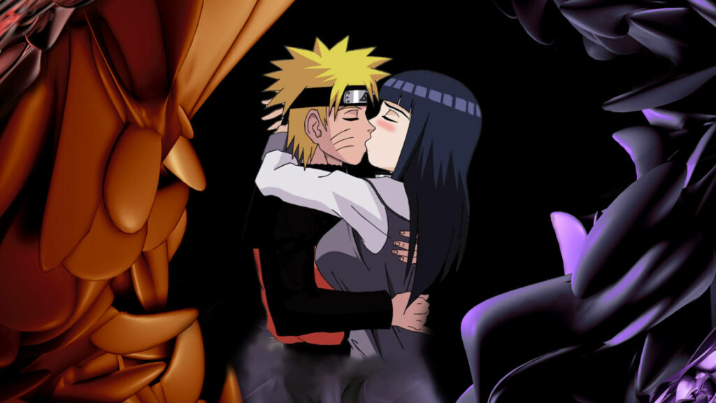 Passionate Embrace: Naruto and Hinata's Enchanting Kiss in a Vibrant Anime Wonderland Wallpaper