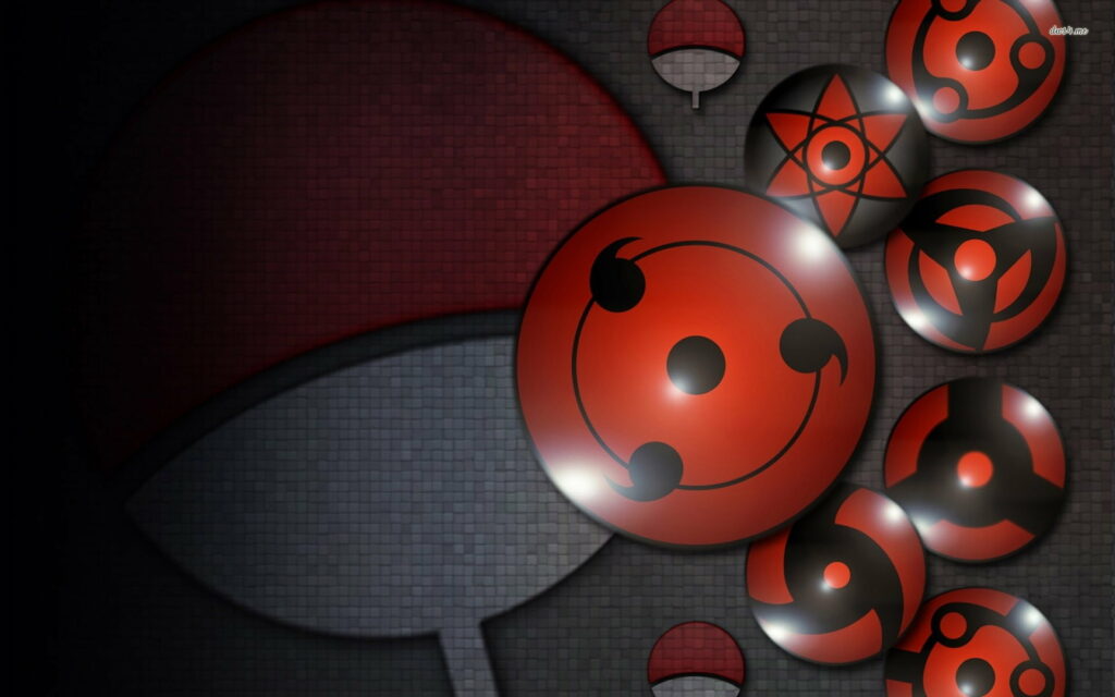 3D Naruto wallpaper with Uchiha Clan fan and glossy red black Sharingan eyes on dark background