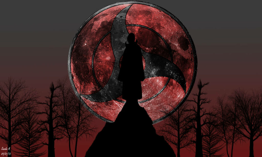 Mystical Moonlit Encounter: Itachi's Enigmatic Sharingan Revealed Wallpaper