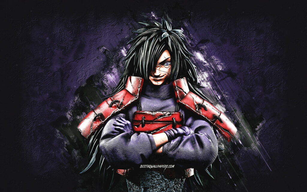 Vengeful Madara Uchiha: A Powerful Presence in Naruto's Realm - Vibrant QHD Wallpaper Portrait Amidst Purple Stone Background