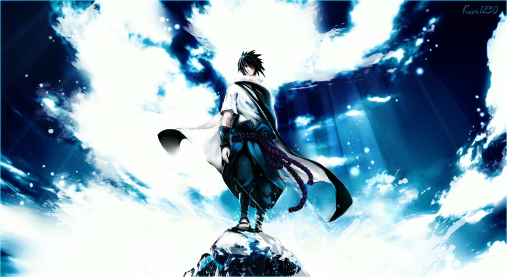 Uchiha Sasuke: The Vengeful Avenger Piercing through Sunlit Clouds Wallpaper