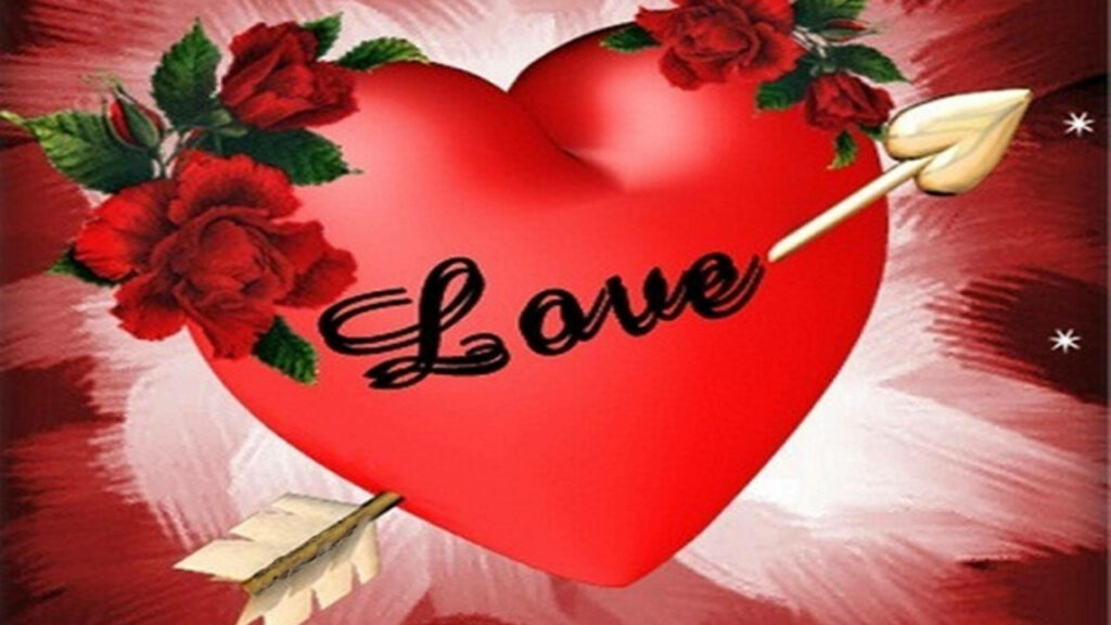 Enchanting Romance: Mesmerizing Digital Art of Love Heart, Arrow, and Red Roses Wallpaper