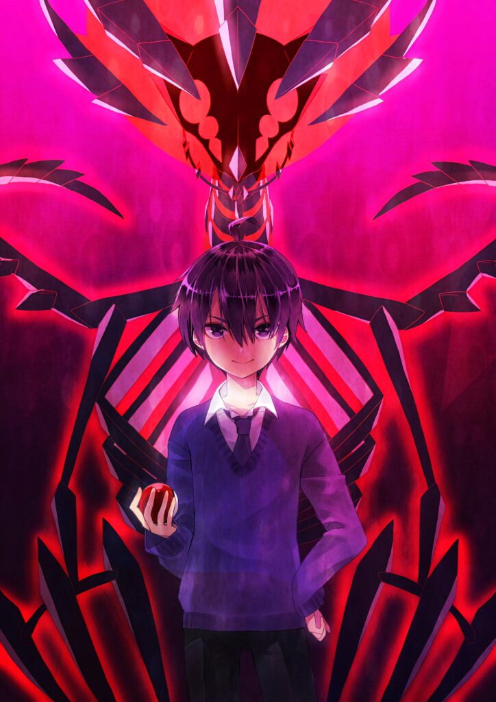 Anime wallpaper Eternatus and trainer in red purple intense dramatic lighting background