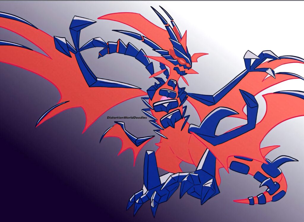 Eternatus dragon wallpaper with fiery red and blue tones dynamic pose and sharp geometric details