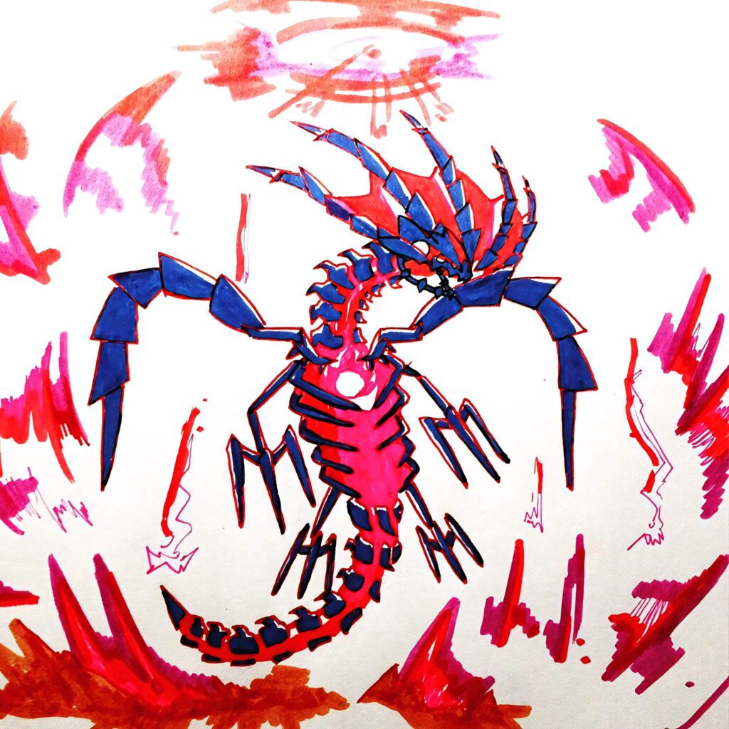 Hand-drawn Eternatus wallpaper with bold red flames dynamic pose and dark blue jagged lines