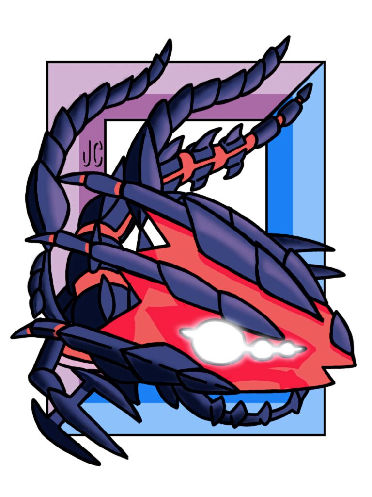 Cartoon Eternatus Pokémon wallpaper with bold outlines vibrant purple and red serpentine design