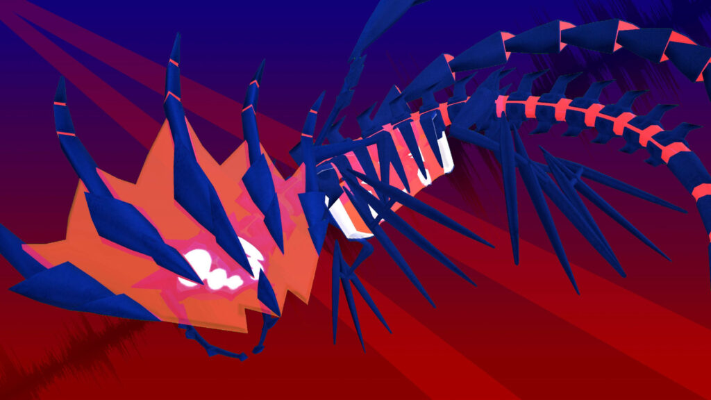 Eternatus legendary Pokémon wallpaper with bold red blue serpentine spiked body glowing core