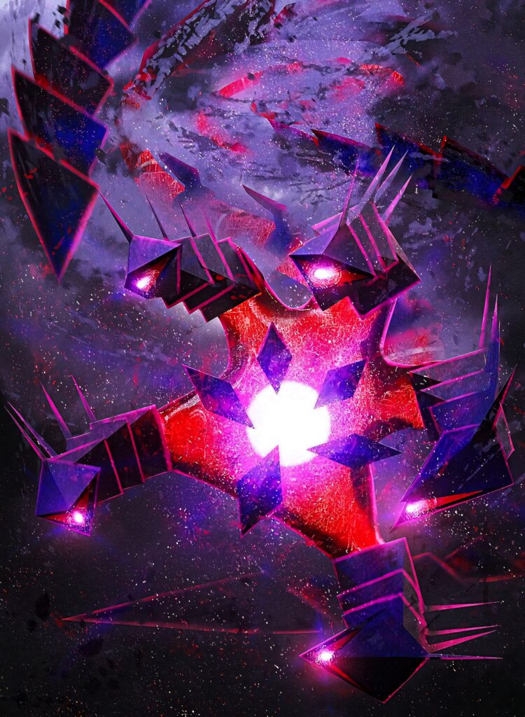 Eternatus Pokémon wallpaper glowing red purple energy night sky cosmic clouds stars digital art