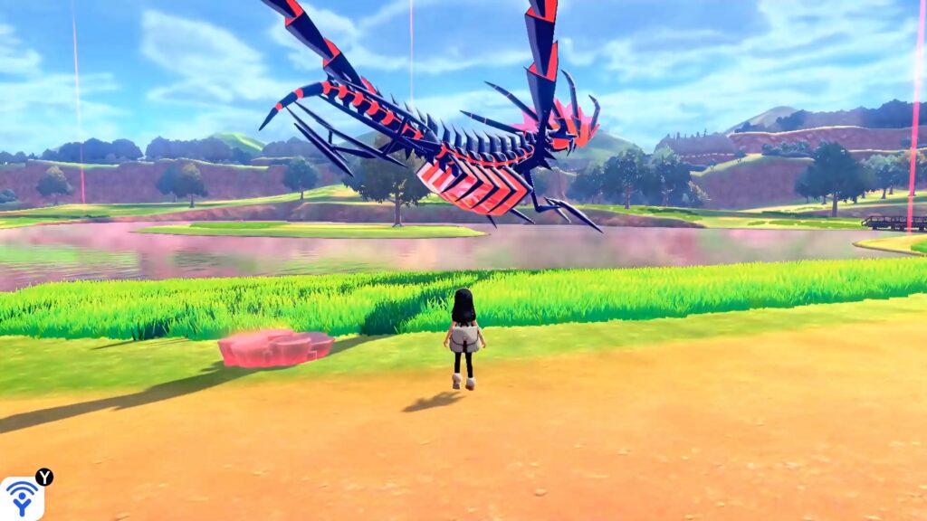 Eternatus hovering over green field with rolling hills bright blue sky Pokémon Sword Shield art Wallpaper