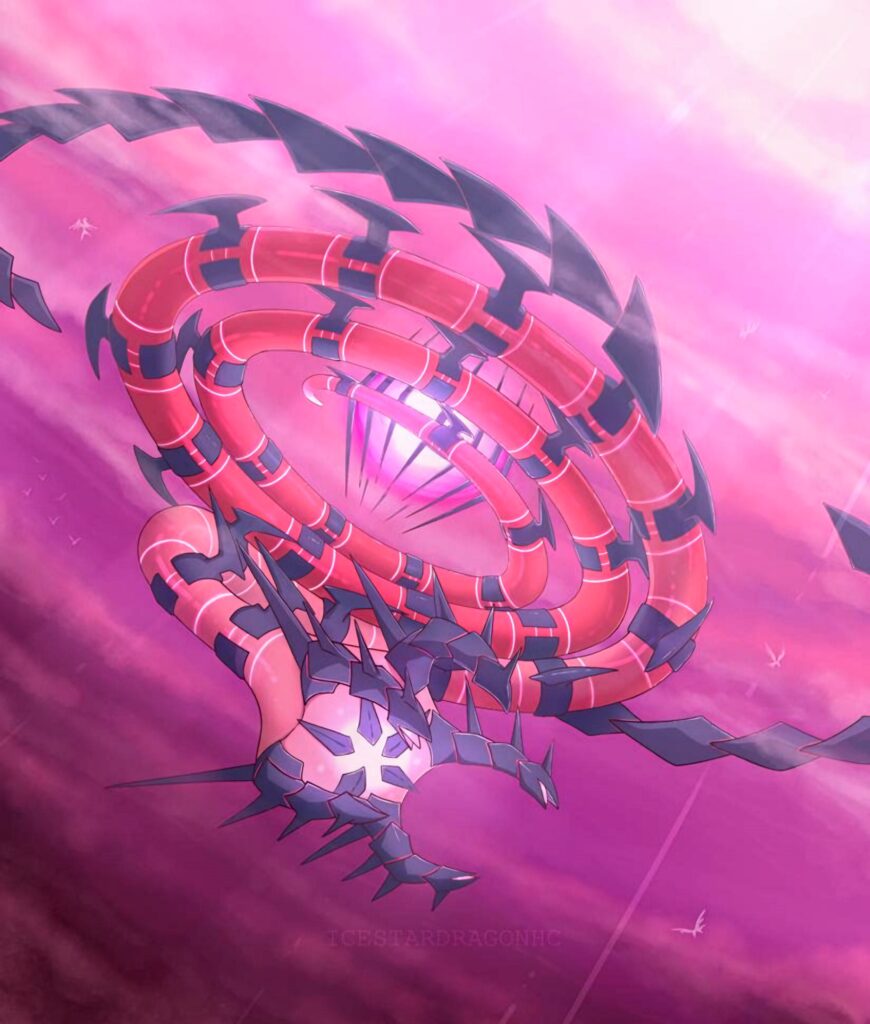 Eternatus soaring against vibrant pink sky with glowing core dynamic black red hues wallpaper