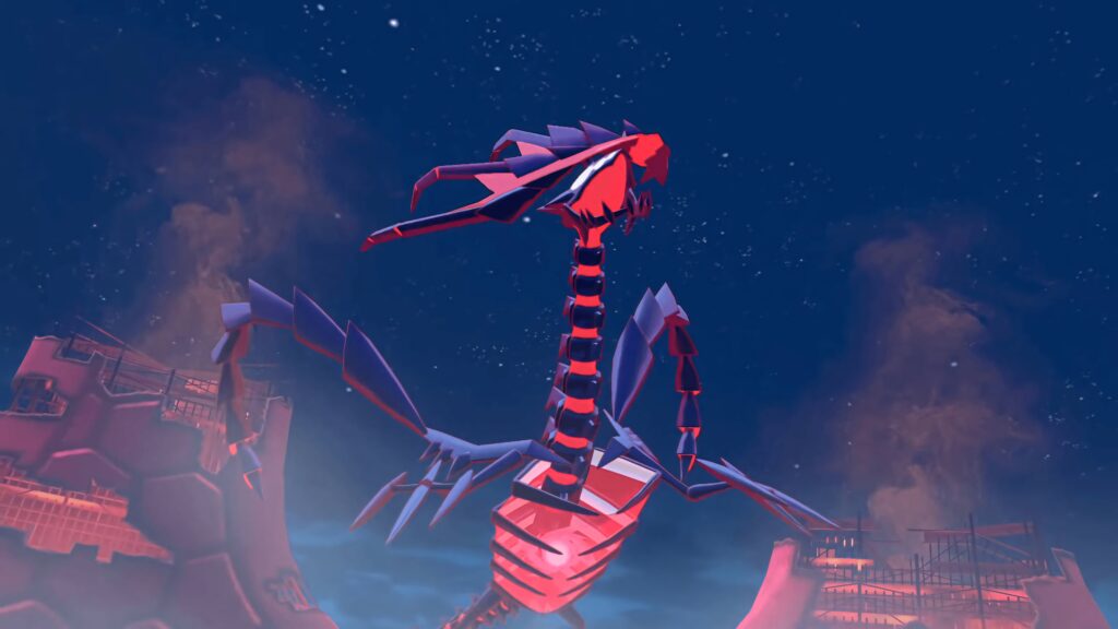 Eternatus towering under starry sky with glowing red core among ruined structures wallpaper background