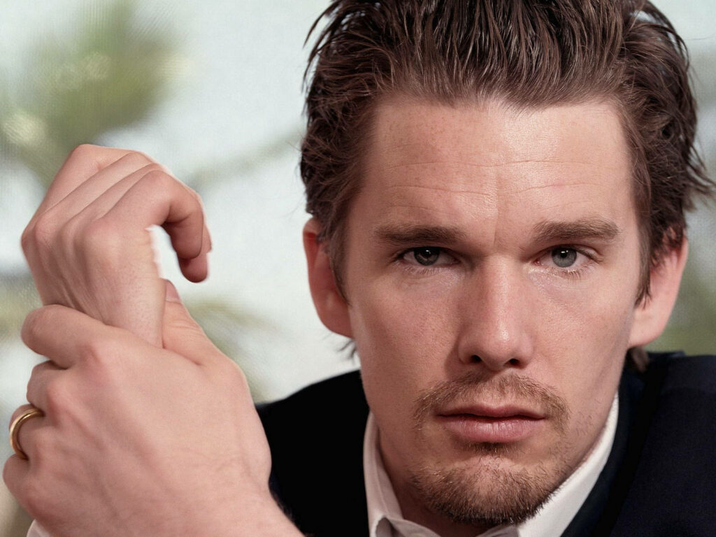 Ethan Hawke close-up portrait with expressive eyes soft background natural lighting casual style Wallpaper