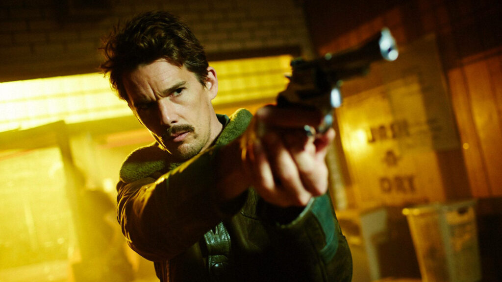 Ethan Hawke intense action scene aiming gun cinematic yellow green lighting wallpaper background