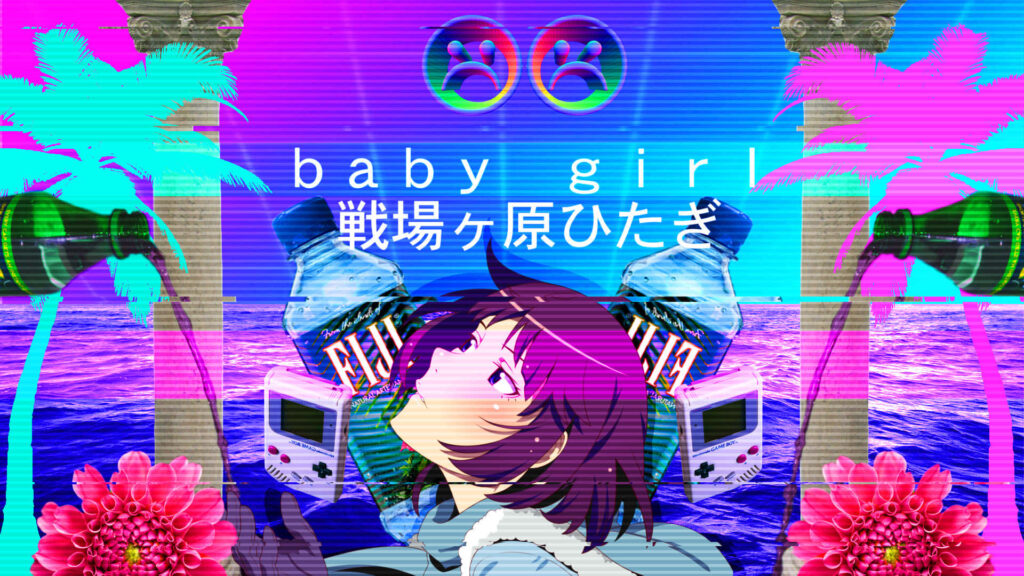 Sideview Glimpse of Hitagi Senjougahara from the Dreamy World of Vaporwave Anime Wallpaper