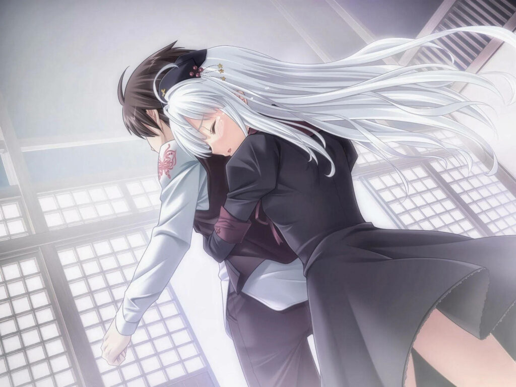 Whispers of Affection in a Serene Japanese Dojo: An Anime Embrace Wallpaper