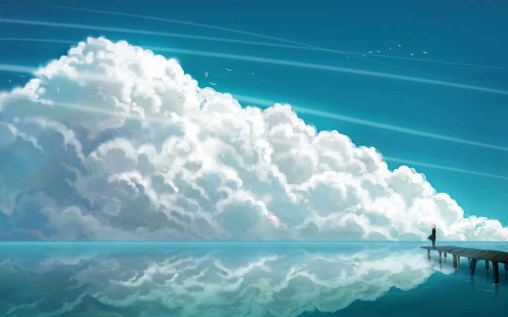 Anime-style wallpaper with lone figure on pier beneath massive fluffy cloud and blue sky