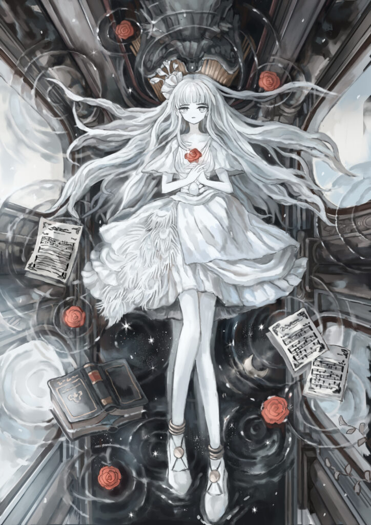 Ethereal Anime Girl in White Dress Surrounded by Roses - Wallpaper