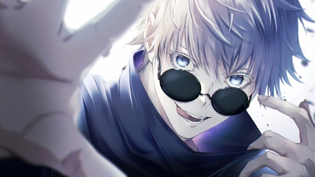 The Mesmerizing Gaze of Satoru Gojo: A Captivating Anime Character with Piercing Blue Eyes and Striking White Hair Wallpaper