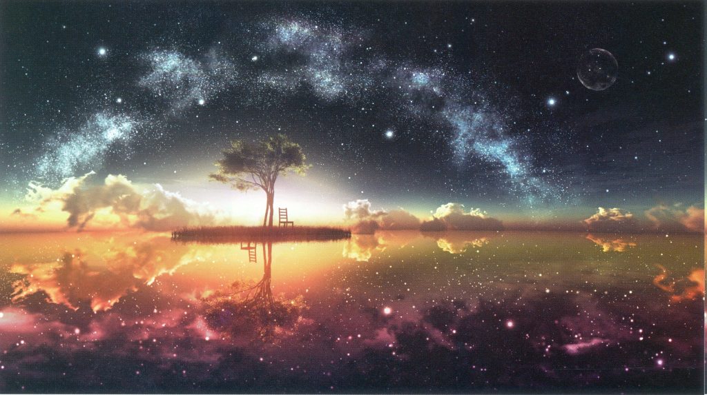Ethereal anime landscape with lone tree island reflected in calm water under vibrant galaxy sky Wallpaper