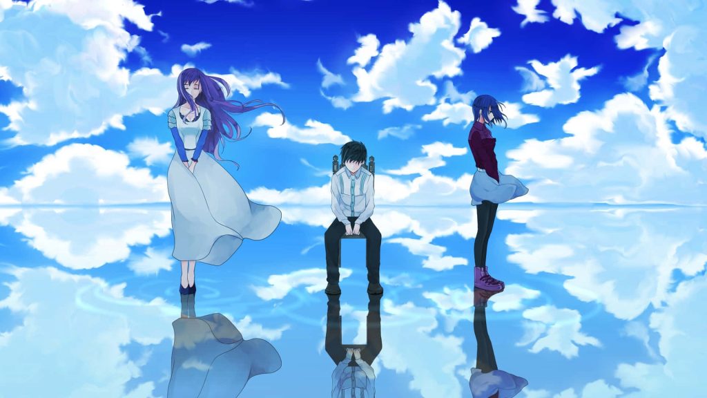 Digital anime illustration of boy between two girls on reflective surface under clouded sky Wallpaper
