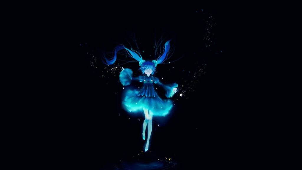 Enchanting Anime Character: Blue Hair & Dress on Dark Background Wallpaper