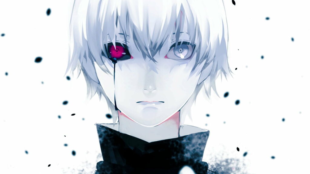 The Melancholic Gazes: A Stunning HD Wallpaper featuring Ken Kaneki from Tokyo Ghoul with Heterochromia, White Hair, and Tears