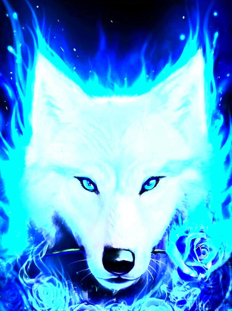 Ethereal Blue Flames: Mystical Wolf Wallpaper in Dark Woods