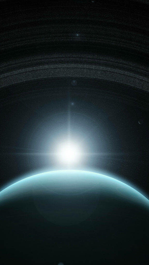 Blue interstellar light edges a planet in dark starry space wallpaper for phone backgrounds.