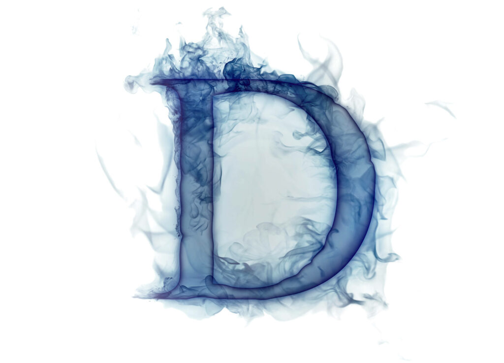 Bold letter D in swirling translucent blue smoke digital art wallpaper background design