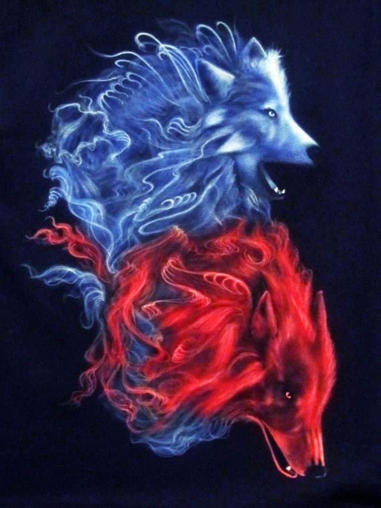 Graphic T-shirt design with two wolves one glowing blue smoke and one ablaze red fire on black background Wallpaper