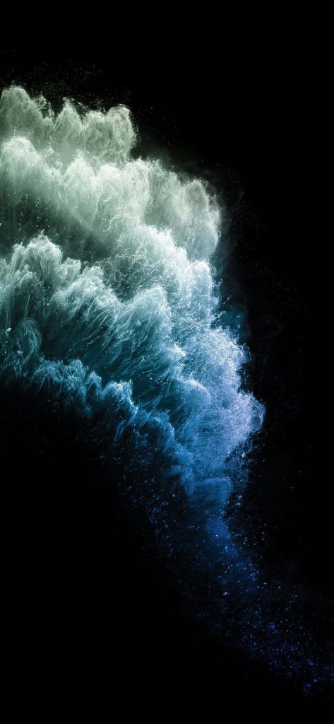 iPhone 11 Pro wallpaper blue teal smoke plume on black background high contrast digital art