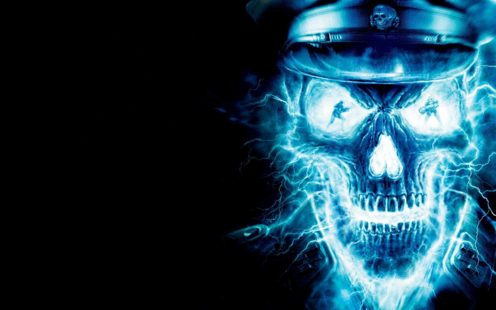 Fiery Duel: Spectral Combat amidst Glowing Blue Skull Silhouette - HD Skull Background Wallpaper