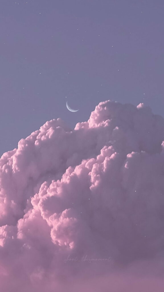 Serene Pink Cloudscape Wallpaper with Crescent Moon & Stars