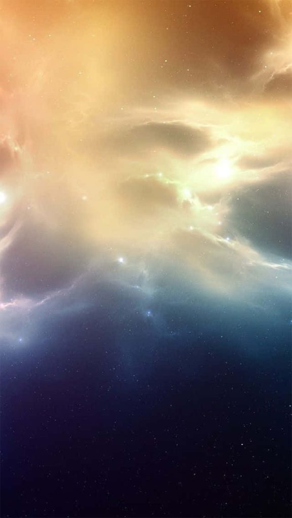 Ethereal cosmic nebula iPhone wallpaper with golden light and deep blue starry space background