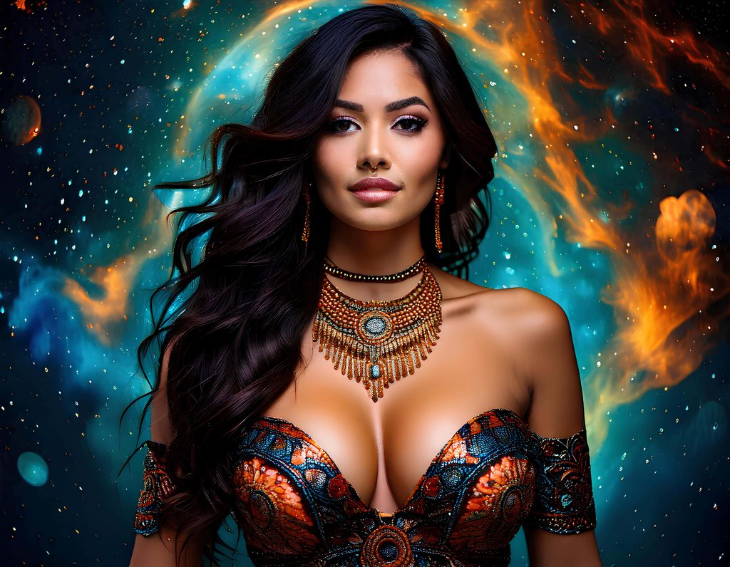Ethereal digital art of woman with intricate beaded jewelry against vibrant cosmic nebula background Wallpaper