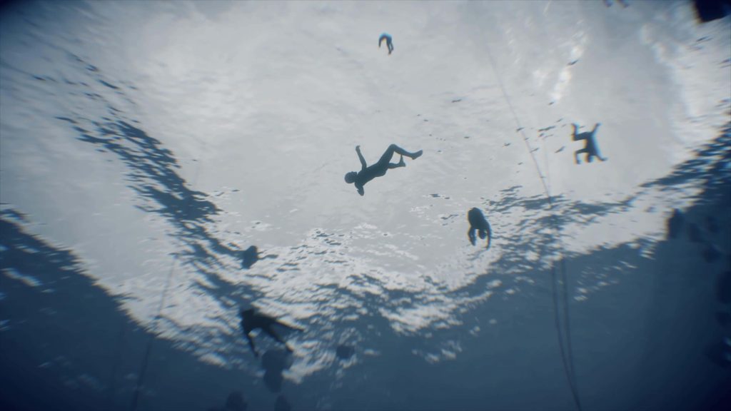 Death Stranding Seam wallpaper with floating silhouettes in blue ethereal liquid void background