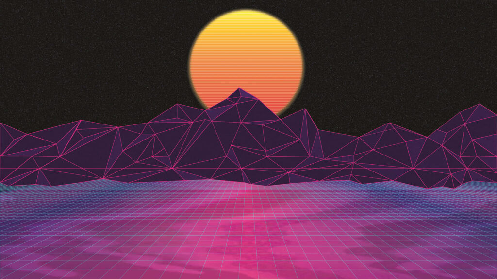 Voyage into a Tranquil Cybernetic Fantasy: A Celestial Night Ambiance of Neon Blues and Pinks Wallpaper