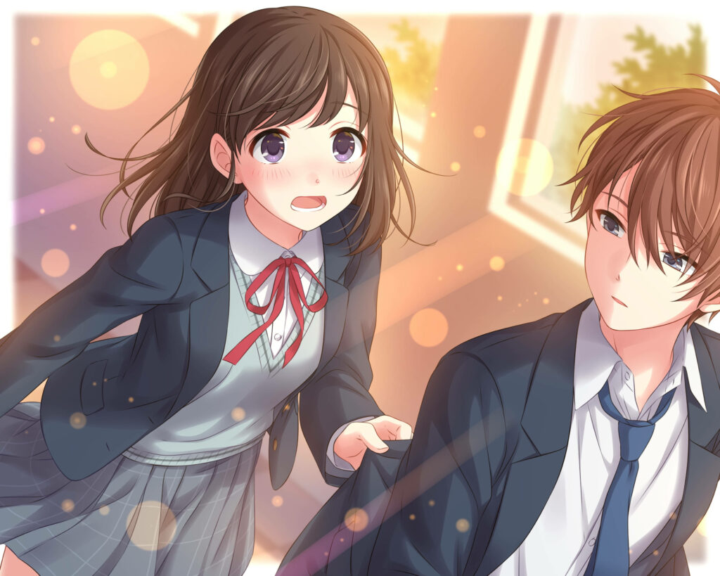 Chasing Love: A Whimsical Anime Romance in High School Hallways Wallpaper