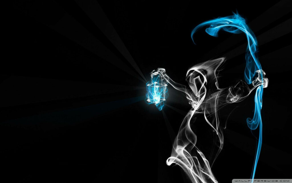 Embrace the Ephemeral: Ethereal Smoke Art Portrayal of the Ghostly Reaper Illuminated by Blue Flames Wallpaper