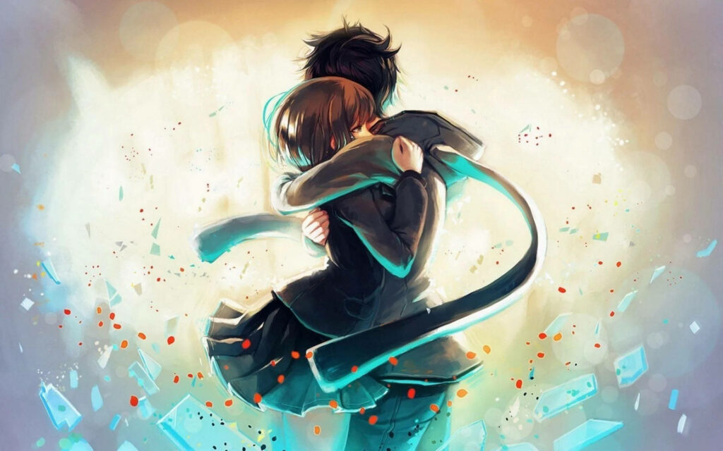 Shattered Romance: An Embrace amidst Falling Roses and Broken Glasses - Anime Hug Scene Wallpaper