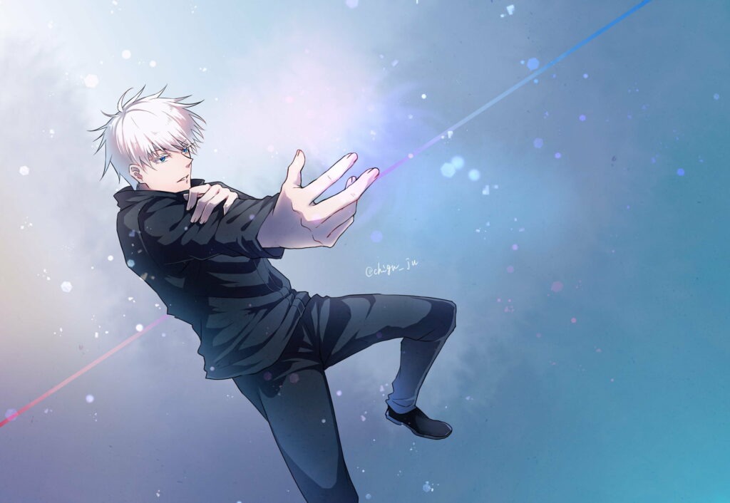 The Enigmatic Eyes of Satoru Gojo: A Captivating Anime Character, Adorned in a School Uniform, with Piercing Blue Eyes and White Hair, Reveal the Power Within Wallpaper