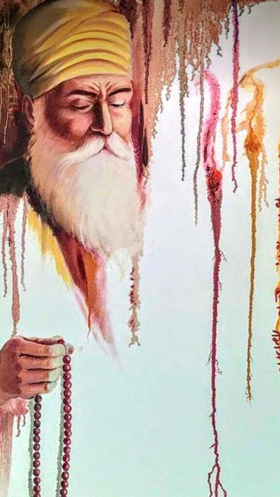 Abstract Representation of Waheguru Nanak Dev Ji Gracing with Spiritual Beaded Necklace on Radiant White Canvas Wallpaper