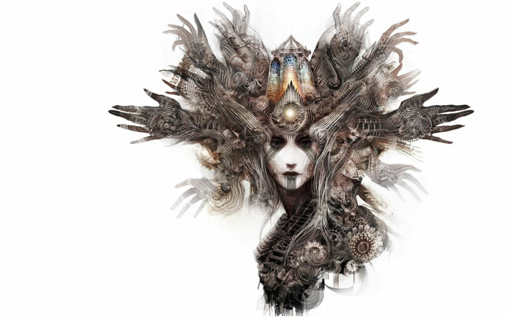 Ethereal Female Face Art: Intricate Patterns & Mystical Elements Wallpaper