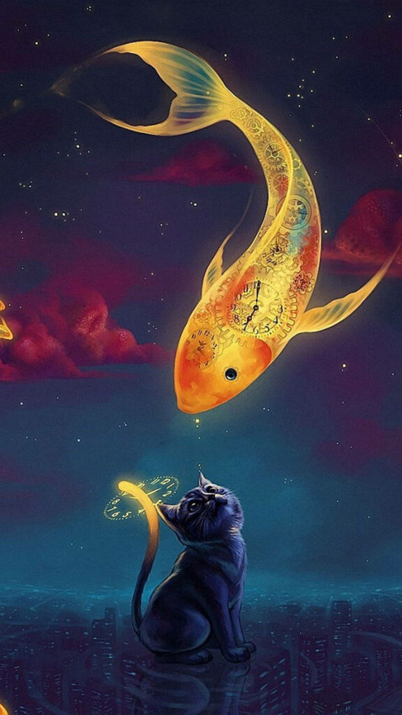 Whimsical Night Sky Wallpaper: Ethereal Fish & Curious Cat