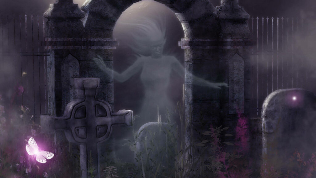 Ghostly figure drifting through misty haunted cemetery with ancient tombstones and wildflowers Wallpaper