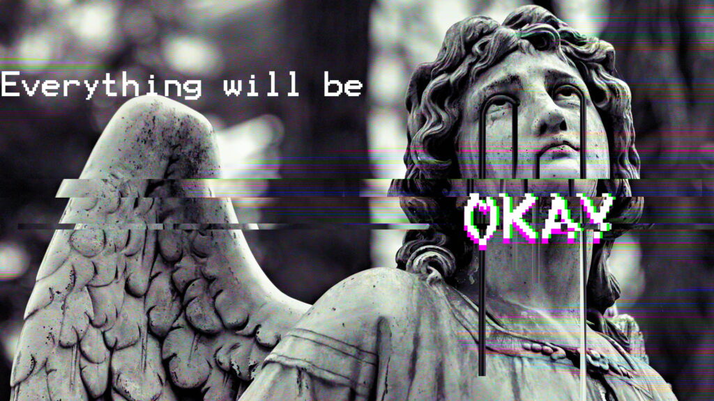 Glitched Vaporwave Angel Statue: A Greek Mythological Tribute as an HD Wallpaper with Text Overlay