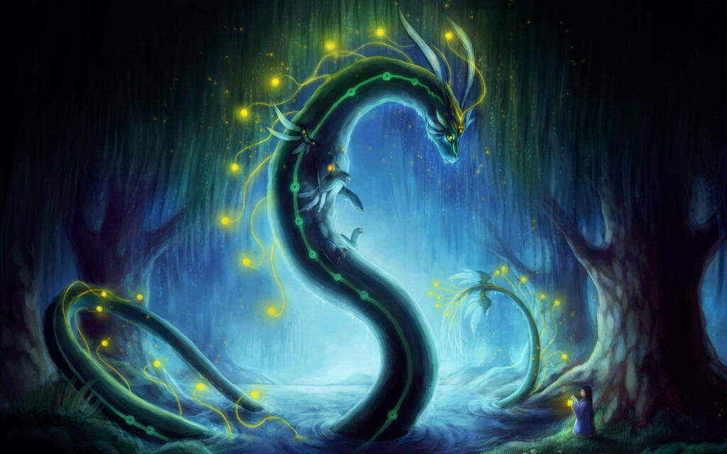 Little Girl Meeting Beautiful Glowing Dragon - Divine Majesty: A Captivating QHD Wallpaper Featuring a Goddess in Stunning Graphics