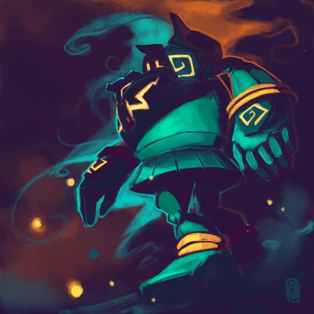 Digital illustration of Golett glowing with cyan and amber in a dark ghost-type setting wallpaper