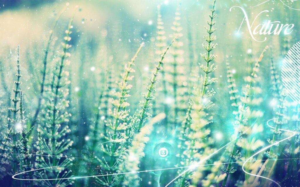 Ethereal grass blades with glowing digital effects and Nature script in green and blue tones wallpaper