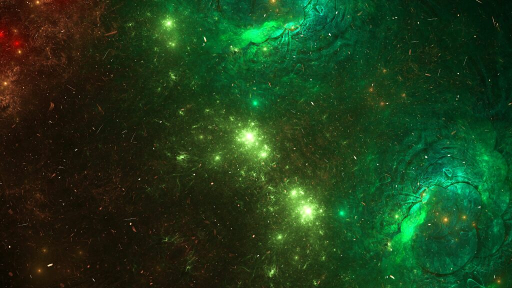 Ethereal Abstract Wallpaper: Glowing Green Particles on Dark Background